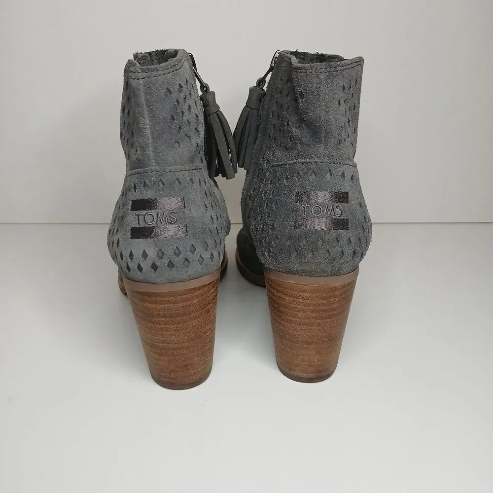 TOMS Women's Majorca Boots Size 8.5 Block Heel Open Toe Grey Suede Boho Shoes‎